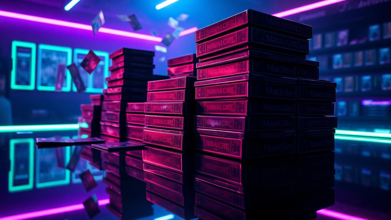 Cajas selladas de Trading Card Games iluminadas con neón violeta